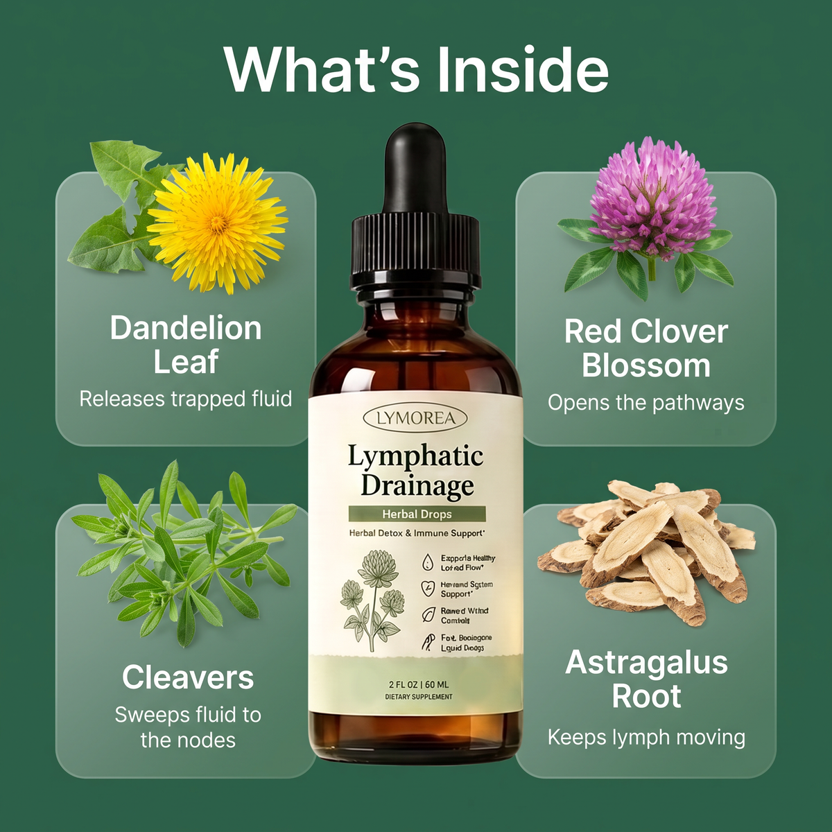 What's inside: dandelion leaf, red clover blossom, cleavers, astragalus root
